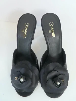 NWOB CHANEL Black Satin/Camellia Floral/Logo/Faux Pearl Heels/Sandals 39/US 9 - Image 1 of 4