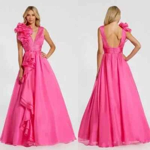 Mac Duggal NWT Ruffle Shoulder V-Neck Gown in Hot Pink Sz 8 48856 NEW! - Picture 1 of 8