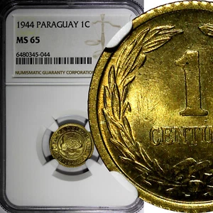 Paraguay Aluminum-Bronze 1944 1 Centimo NGC MS65 GEM BU COIN KM# 20 (044) - Picture 1 of 4