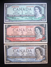 1954, Lot of 3 Canadian Banknote, $1, $2, $5, Beattie - Rasminsky  