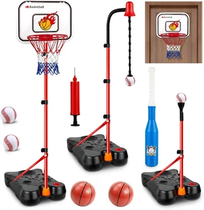 4 in 1 Kids Basketball Hoop & T Ball Set, 6 Balls, Adjustable Stand, Ages 2-8 - Picture 1 of 12