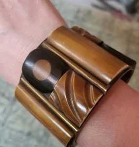 Vintage Bangle Bracelet Brass MCM Modern Lucite Geometric Shapes Read - Picture 1 of 11