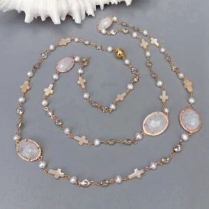 White Moonstone Oval Shell Cross White Pearl Rosary Chain Station Lone Necklace - Picture 1 of 6