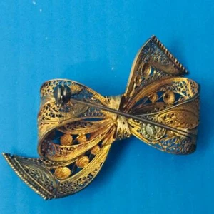 Vintage Sterling Silber filigran Topasio Gold Vermeil 3D Schleife Pin Portugal signiert - Bild 1 von 2