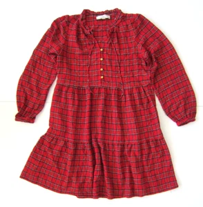 NWT Ann Taylor Loft Red Gold Plaid Long Sleeve Ruffle Pocket Empire Dress XS - Picture 1 of 9