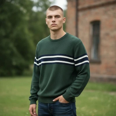 Suéter De Colección American Eagle Verde Rayas Rugby Cuello Redondo Tejido Para Hombre Grande Foto 1 de 4