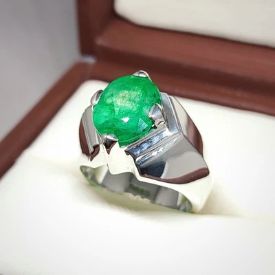 Mens Emerald Ring, Natural Beryl 925 Sterling Silver Ring, Zamurd Ring For Men - Image 1 of 4