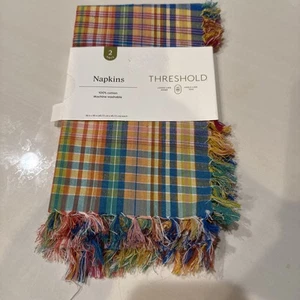 Threshold Plaid Colorful 2 Piece 100% Cotton Fabric Napkin Set 18" x 18" Fringe - Picture 1 of 7