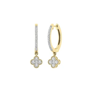 10k Yellow Gold Flower Clover Huggie Hoop Earrings, 0.50 Cttw Natural Diamonds - Picture 1 of 5