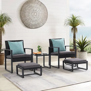 New 5-Piece Outdoor Patio Furniture Set, Steel Wicker, Ottomans, Grey Cushions - Picture 1 of 12