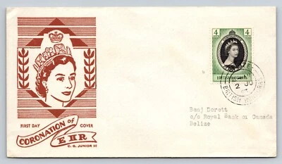 1953 Belice Honduras Británica Coronación de EIIR Primer Día Cubierta Reina Isabel Foto 1 de 2