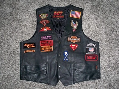 Men's HOT LEATHERS Snap Button Leather Vest 52 BLACK w/Patches USA-HARLEY-TRUMP - Image 1 of 4