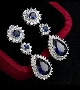 18k White Gold Plated Stunning Lab-created Blue Sapphire Earring Set Swarovski - Picture 1 of 4