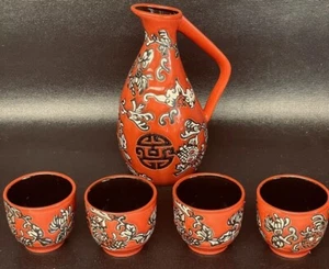 Vtg Japanese Wine Pitcher Carafe & 4 Mini Cups Shot Glasses Ceramic Red & Floral - Picture 1 of 16