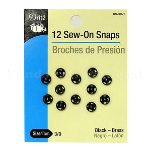 New 12 Sew-On Snaps(Brouches de presión) by Dritz Size 3/0, Black Brass 80-30-1 - Picture 1 of 3