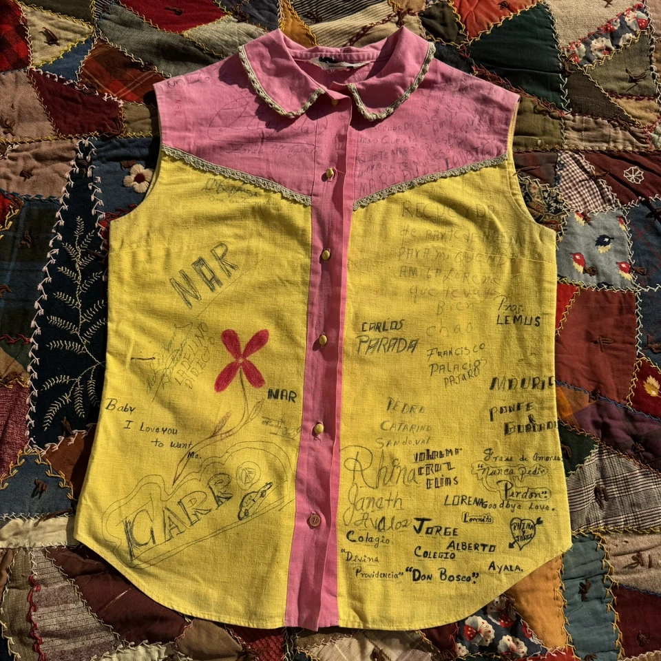 Vintage 1950s Autograph Shirt Yellow & Pink With Handwriting & Drawings Folk Art - Image 1 of 4