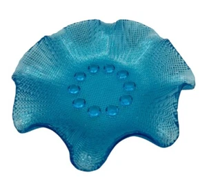 Vtg Bowl Turquoise Blue Pressed Glass Ruffled Edge Dish 7" For Candy Or Trinkets - Picture 1 of 9