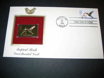 Green-throated Carib Tropical Bird 1998 Gold Golden replica Cover FDC Stamp - Image 1 of 3
