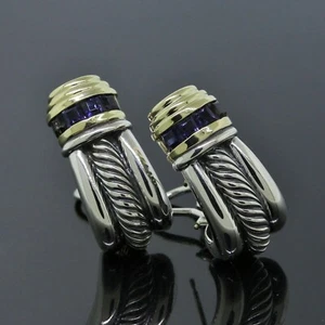 Vintage David Yurman Silver 14K Gold Amethyst Renaissance Cable Shrimp Earrings - Picture 1 of 5