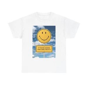 Be Happy Smiley Face Graphic T Shirt Funny Gift Unisex Heavy Cotton Tee - Picture 1 of 9