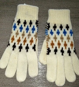 girls size 8 up? knit WINTER GLOVES cream color blue brown tan design STRETCH - Picture 1 of 2