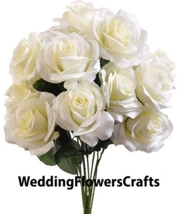 12 Cream 4" Open Artificial Roses Silk Wedding Flowers Fake Bouquet Off White - Picture 1 of 1