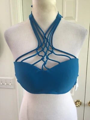 NWT VOLCOM SIMPLY SOLID BANDEAU BIKINI SWIM TOP  Turquoise Blue Large - Image 1 of 4