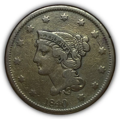 Moeda de 1840 grande data cabelo trançado centavo grande muito bom estado #26193 - Imagem 1 de 3