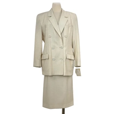 Christian Dior Suit 2pc Double Breasted Blazer and Skirt Cream 12 Vtg w/ Tags - Image 1 of 4