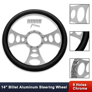 Nine Hole 14" Chrome Aluminum Cruisin Steering Wheel W/ Black Half Wrap Leather - Picture 1 of 6