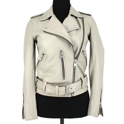 Chaqueta de Motociclista All Saints Balfern Cuero Cordero Gris Cinturón Hebilla Dobladillo Moto 8 Pequeña Foto 1 de 4