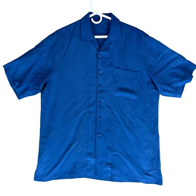 Bugatchi Uomo Men's Size M Solid Blue Silk & Linen Short Sleeve Casual Shirt - Image 1 of 4