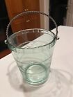 ETCHED GREEN TINTED Glass Ice Bucket with TWISTED WIRE HANDLE 5 3/4"H X 5"D