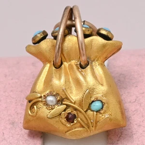 Antique Victorian Flower Basket Purse Turquoise Garnet Gold Filled Charm Pendant - Picture 1 of 6