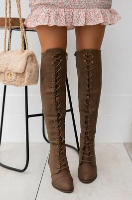 New Lace Up Combat Boots Almond Toe Over Knee Thigh High Block Chunky Thick Heel - Image 1 of 2