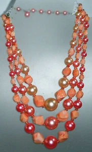 Vintage Triple Strand Choker Peach & Pink Color Faux Pearls & Plastic Beads - Picture 1 of 4