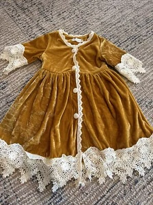 Trish Scully Child 3 3t Mustard Yellow Velvet Dress Ecru Lace Twins - Picture 1 of 1