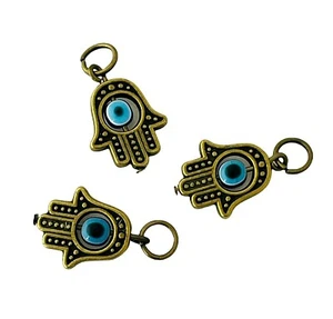 10 Antiqued Gold Bronze Two 2 Sided Hamsa Hand Evil Eye ICU Bead Drop Charms - Picture 1 of 2
