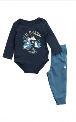 Nuevo con etiquetas Conjunto de Body y Joggers Hurley Lil' Shark ARMORY NAVY, Talla 12M Foto 1 de 4