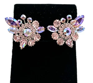 Vintage weiße silberfarbene Clip-On große Ohrringe rosa Strass Aurora Borealis - Bild 1 von 8