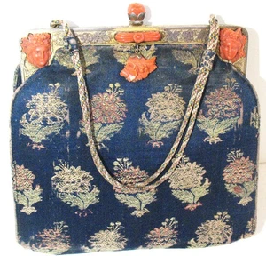 Ant E Gautier Paris France Tapestry Reticule w Hand Carved Coral Frame High End - Picture 1 of 24