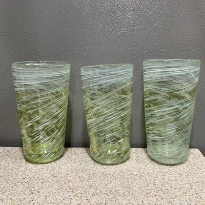 3 Vtg Mexican Green White Swirl Hand Blown Tumblers Glasses 6" 14 ozs in EUC! - Image 1 of 4