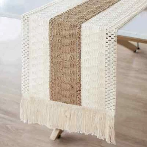 Corredor de mesa de arpillera de empalme estilo granja, corredor de mesa boho moderno granja - Imagen 1 de 13