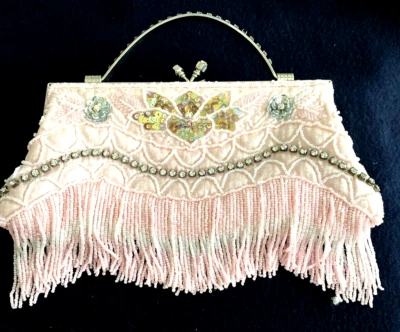 PINK EVENING BAG SEQUINS, PEARLS, RHINESTONES BEAD FRINGE CARYN 9 Foto 1 de 4
