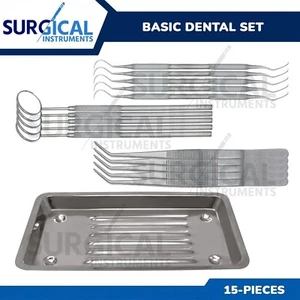 15 Basic Dental Set With Scaler Tray, Mouth Mirror, Explorer #5, Cotton Plier - Picture 1 of 8
