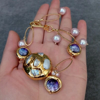 8-дюймовый культивированный белый жемчуг кеши фиолетовый муранское стекло бисер розовый жемчуг браслет - Изображение 1 из 4