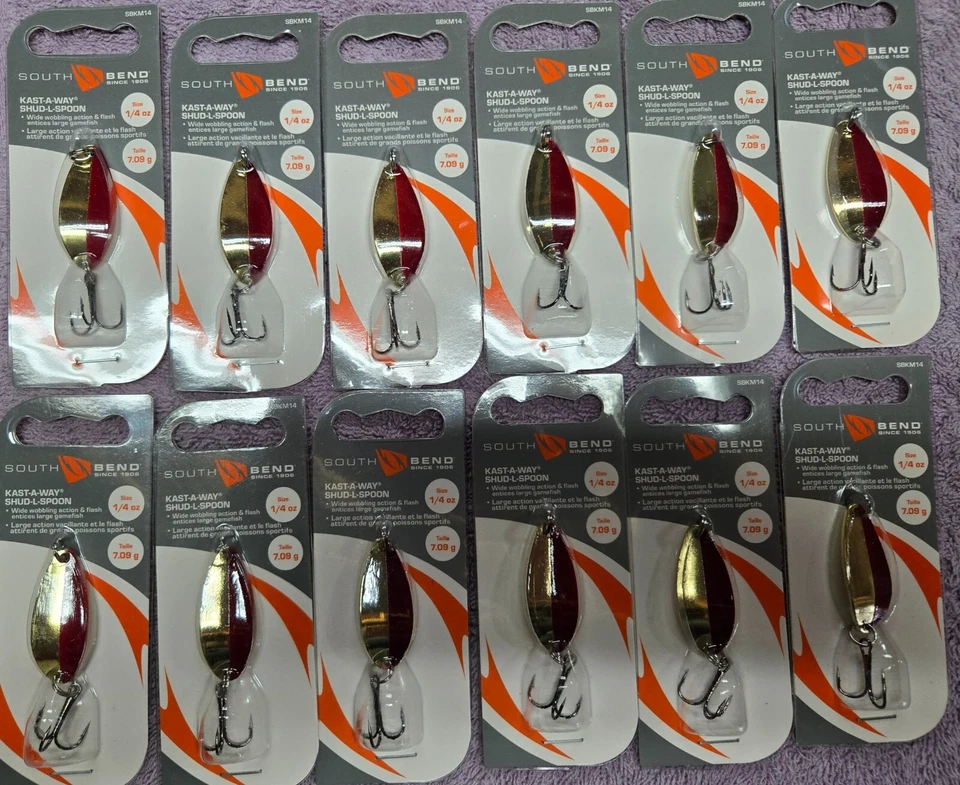 Paquete de 12 cucharas South Bend Kast A Way Shud-L 1/4 oz rojo dorado SBKM14-GRD, NUEVAS Foto 1 de 3