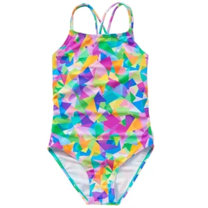 Colorful Geometric Pattern Print Swimwear Girls Criss-Cross Straps Swimsuit New - Picture 1 of 9