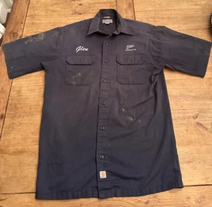 Carhartt Shirt Men's Medium Navy Blue Short Sleeve Button Up Workwear Distressed - Picture 1 of 8