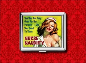 ENFERMERA TRAVIESA PIN UP NIÑA VINTAGE METAL BILLETERA TARJETA IDENTIFICACIÓN CIGARRILLO IPOD Estuche - Imagen 1 de 5